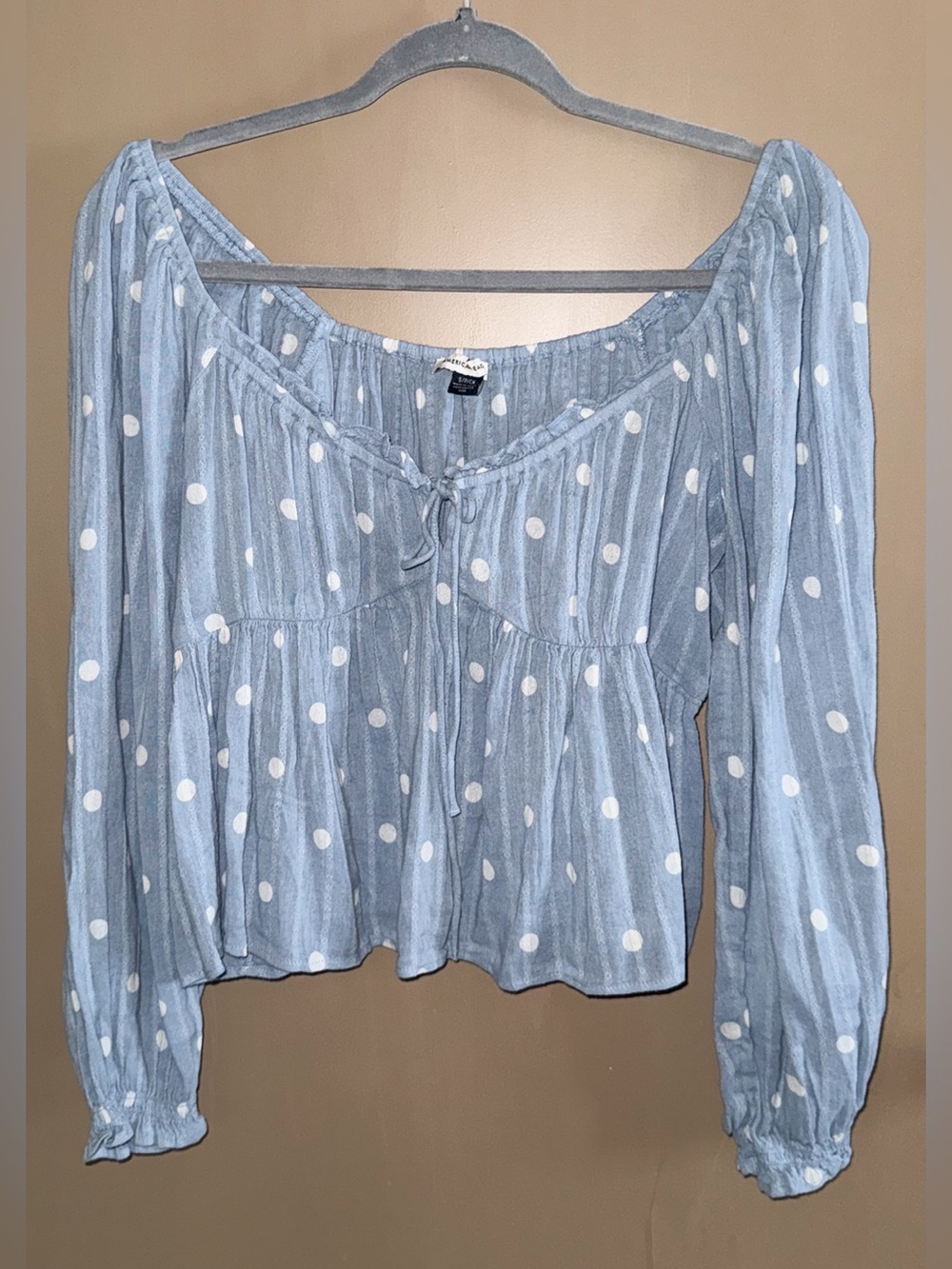 American Eagle Outfitters Light Blue Polka Dot Peasant Blouse